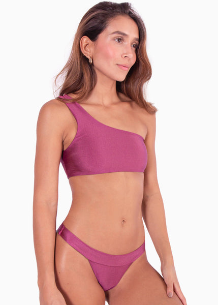 Top de vestido de baño de un solo hombro color morado, magenta para mujer - Flashy