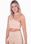 Top deportivo de un hombro con abertura cut out color beige para mujer - Flashy