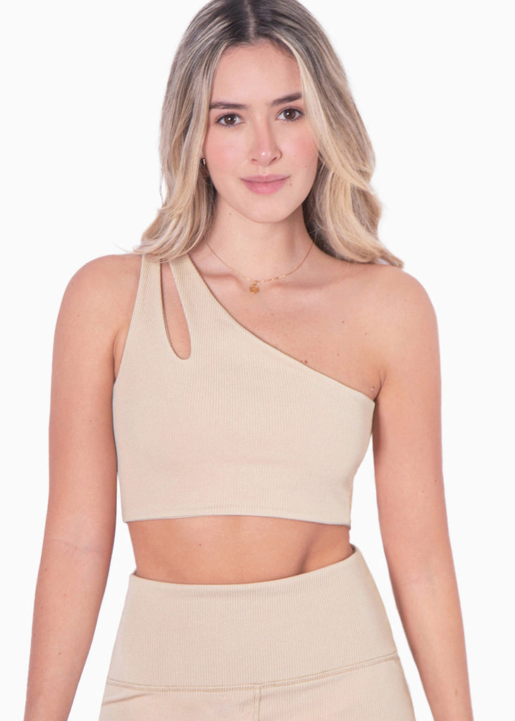 Top deportivo de un hombro con abertura cut out color beige para mujer - Flashy