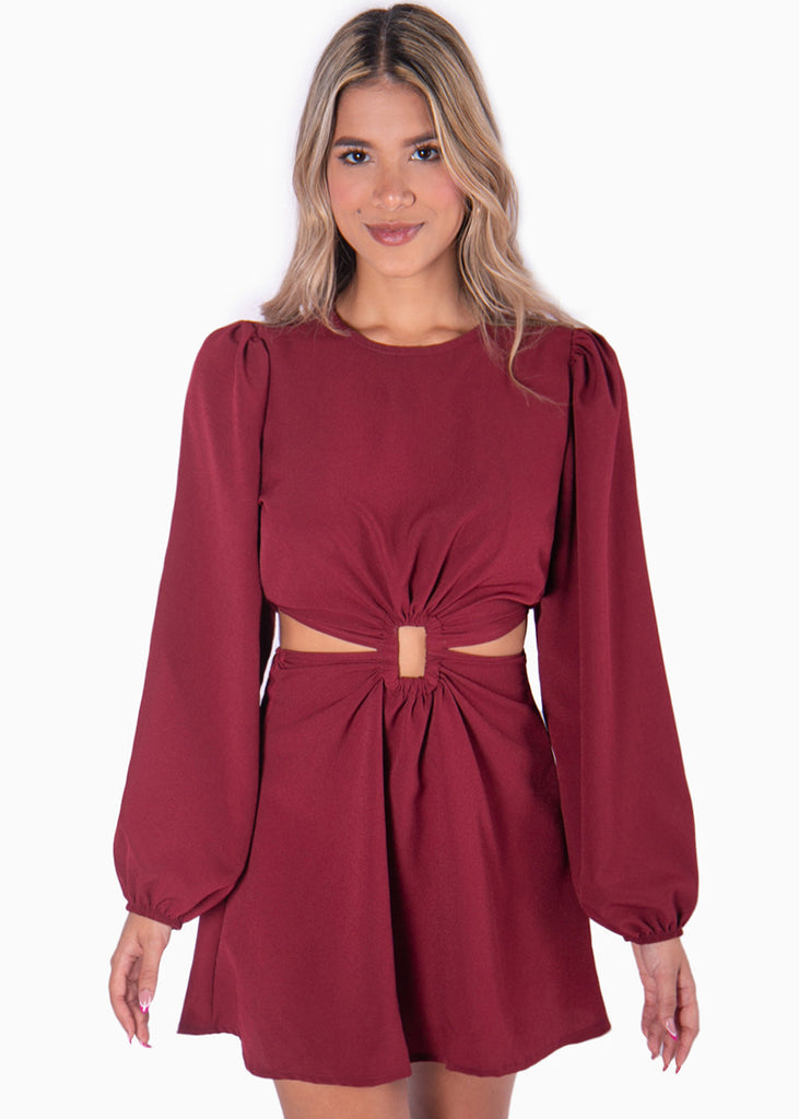 Vestido corto con aro y mangas abullonadas color vino para mujer - Flashy