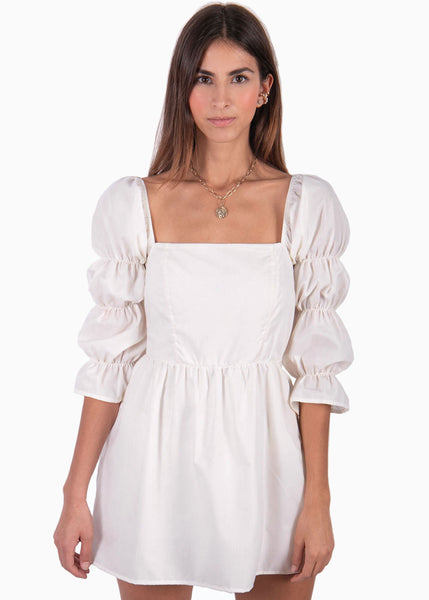 Vestido corto con mangas abullonadas y escote cuadrado color blanco para mujer - Flashy