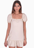 Vestido corto con mangas abullonadas y escote cuadrado color beige para mujer - Flashy