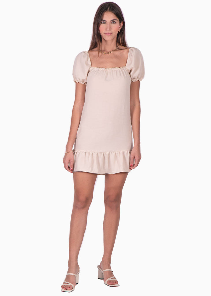 Vestido corto con mangas abullonadas y escote cuadrado color beige para mujer - Flashy