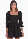 Vestido corto con mangas abullonadas y escote cuadrado color negro para mujer - Flashy