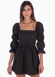 Vestido corto con mangas abullonadas y escote cuadrado color negro para mujer - Flashy
