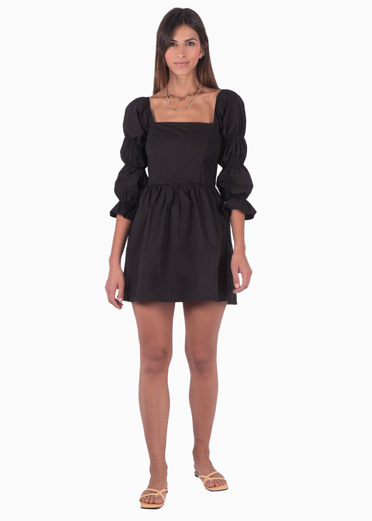 Vestido corto con mangas abullonadas y escote cuadrado color negro para mujer - Flashy