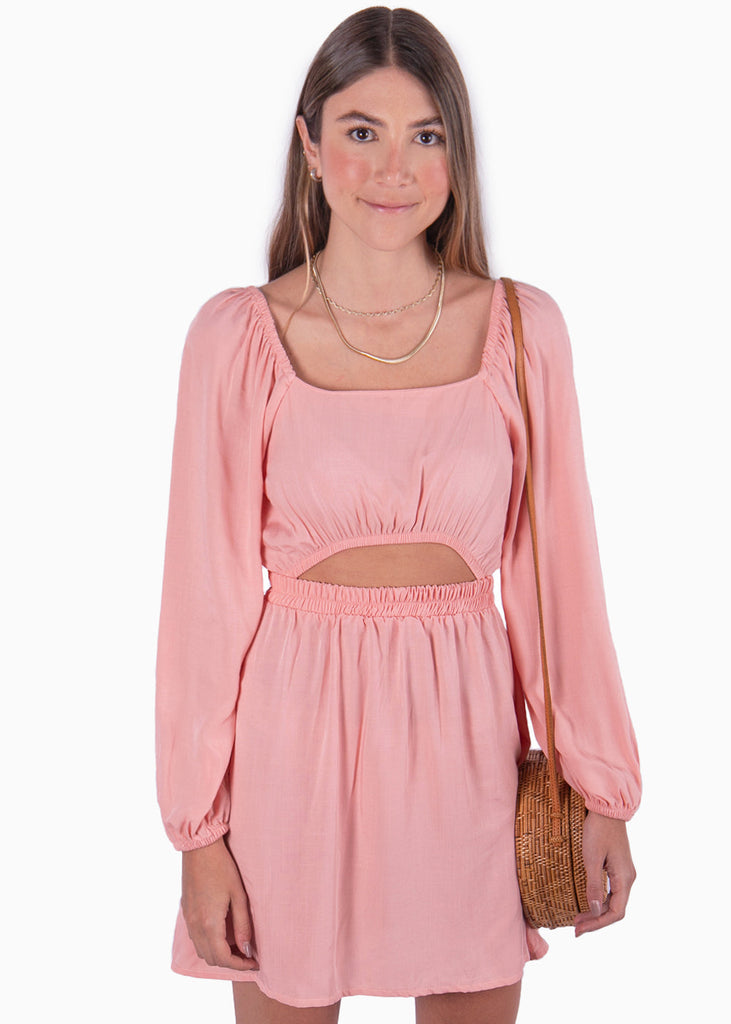 Vestido corto con mangas largas y abertura color rosado para mujer - Flashy