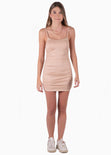 Vestido corto de tiras con recogido color beige para mujer - Flashy