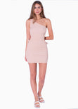 Vestido corto de un solo hombro con abertura en costados color beige para mujer - Flashy