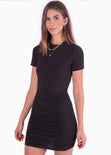 Vestido corto manga corta con recogidos color negro para mujer - Flashy