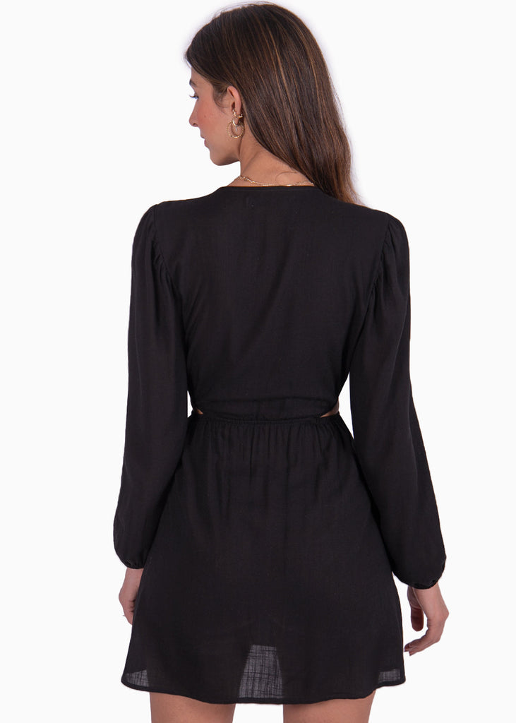Vestido corto manga larga con aro en escote y aberturas color negro para mujer - Flashy
