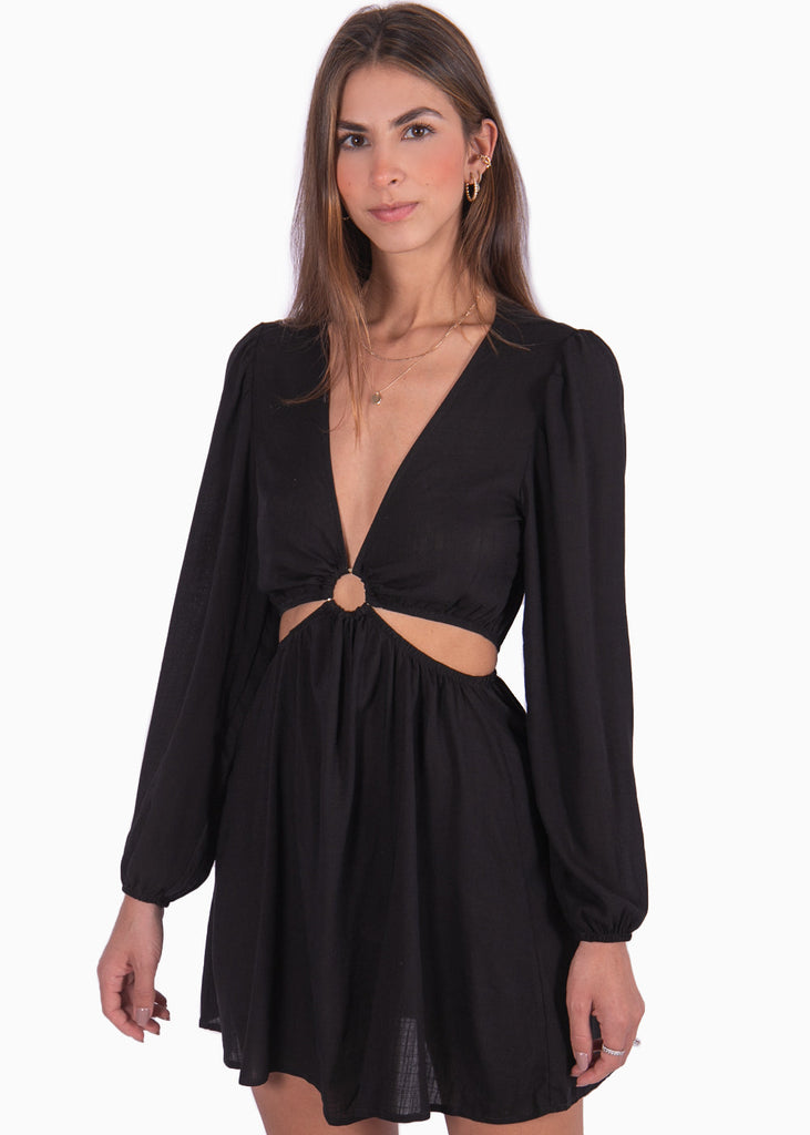 Vestido corto manga larga con aro en escote y aberturas color negro para mujer - Flashy