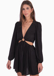 Vestido corto manga larga con aro en escote y aberturas color negro para mujer - Flashy