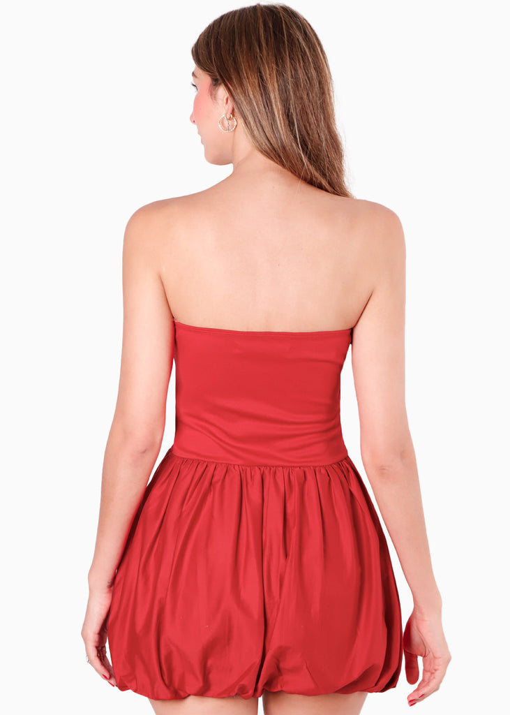 Vestido corto strapless con falda globo color rojo para mujer - Flashy