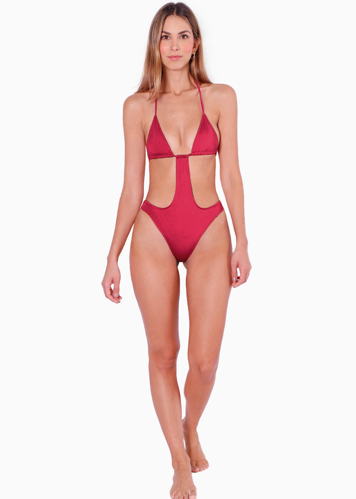 Vestido de baño entero con escote de triángulo y aberturas color rojo para mujer - Flashy