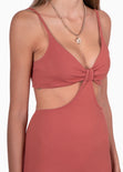 Vestido largo con anudado en escote y aberturas color terracota para mujer - Flashy