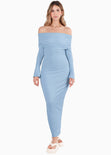 Vestido largo con bolero en mangas y escote bandeja - VALKIRIA.AZUL