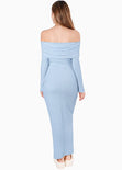 Vestido largo con bolero en mangas y escote bandeja - VALKIRIA.AZUL