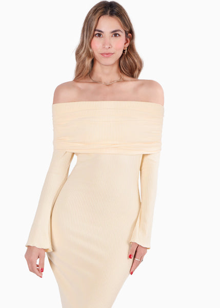 Vestido largo con bolero en mangas y escote bandeja color amarillo para mujer - Flashy
