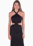 Vestido largo con cuello alto y aberturas en costados color negro para mujer - Flashy
