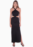 Vestido largo con cuello alto y aberturas en costados color negro para mujer - Flashy