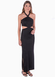 Vestido largo con cuello alto y aberturas en costados color negro para mujer - Flashy