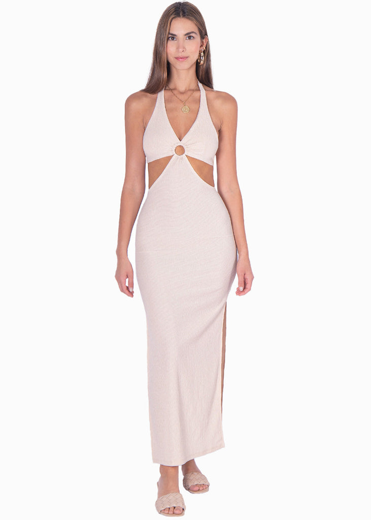 Vestido largo con escote en v y aberturas en costados color beige para mujer - Flashy