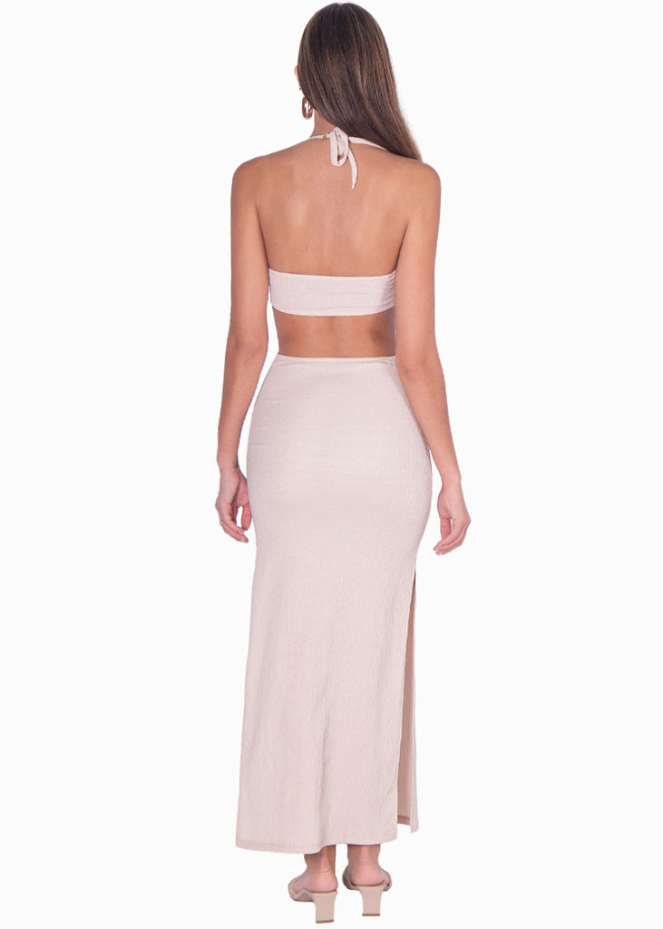 Vestido largo con escote en v y aberturas en costados color beige para mujer - Flashy