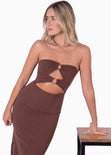 Vestido largo strapless con argollas color café para mujer - Flashy