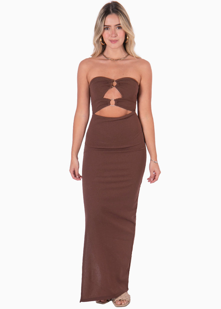 Vestido largo strapless con argollas color café para mujer - Flashy