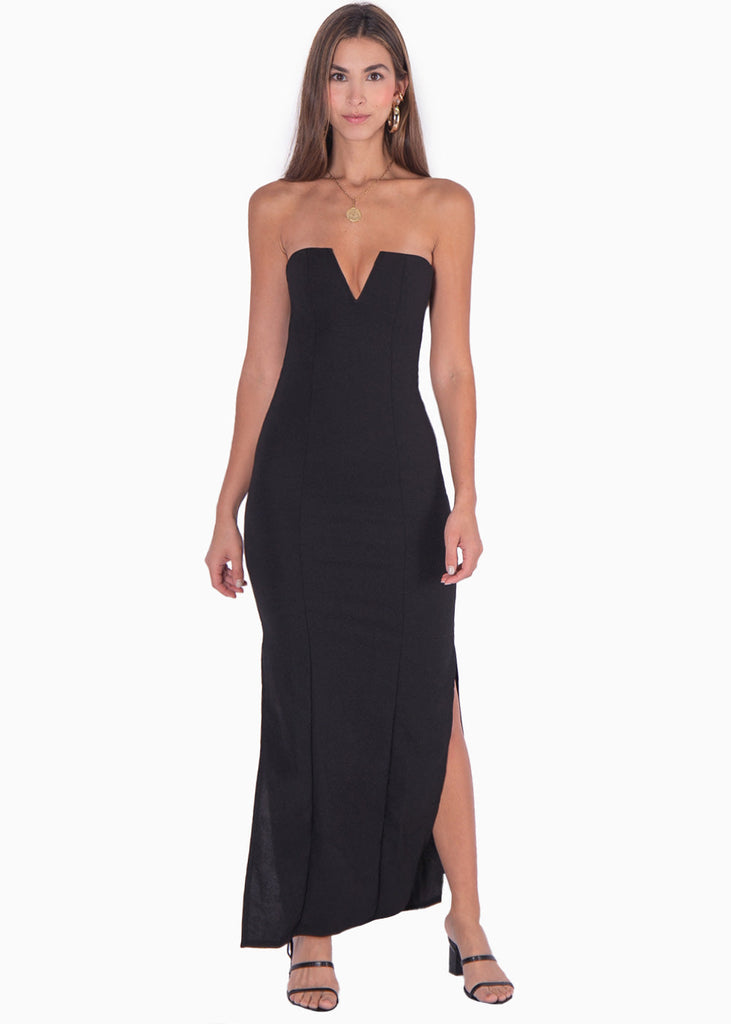 Vestido largo strapless con escote en v color negro para mujer - Flashy