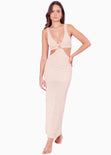 Vestido largo tejido, con aro y cut outs en costados color beige para mujer - Flashy