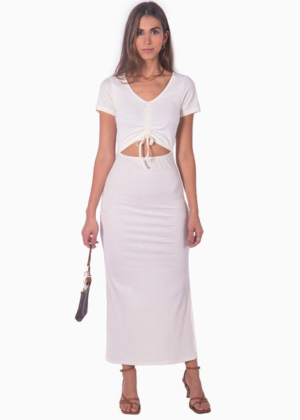 Vestido largo con escote en v y abertura en abdomen color blanco, marfil para mujer - Flashy