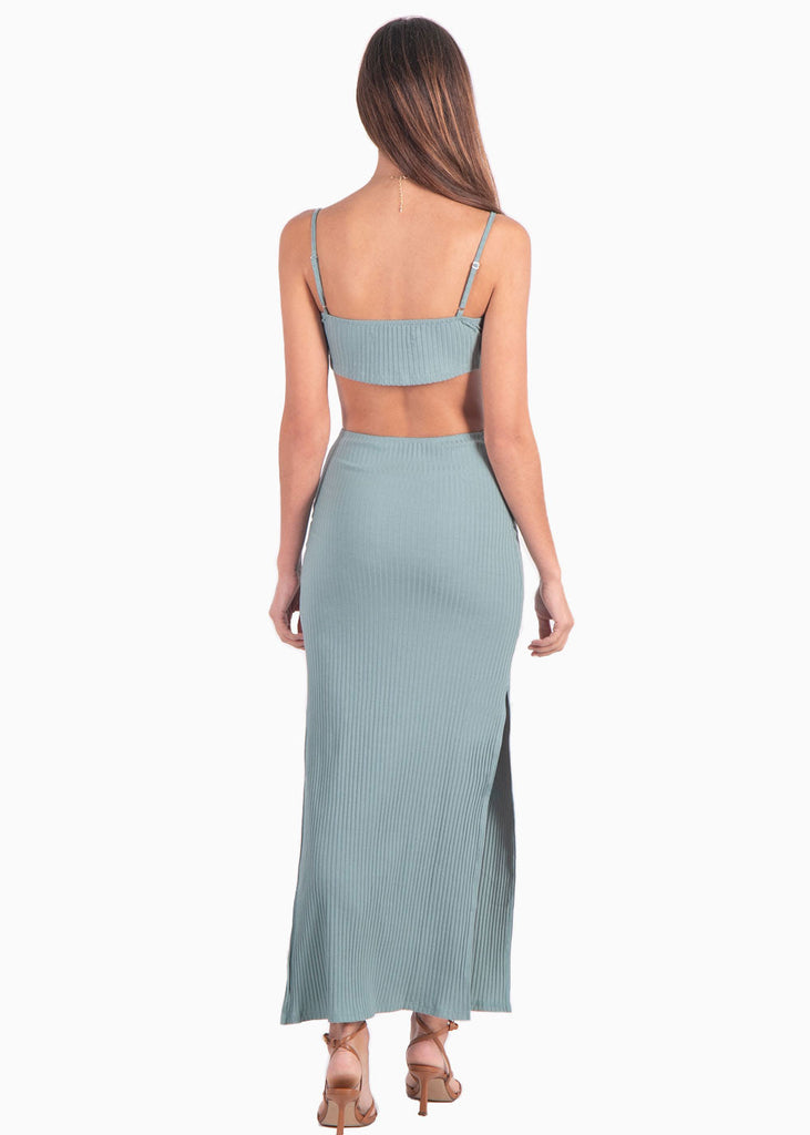 Vestido largo con anudado en escote y aberturas color azul para mujer - Flashy