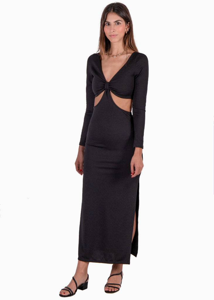 Vestido largo con anudado en escote y aberturas color negro para mujer - Flashy