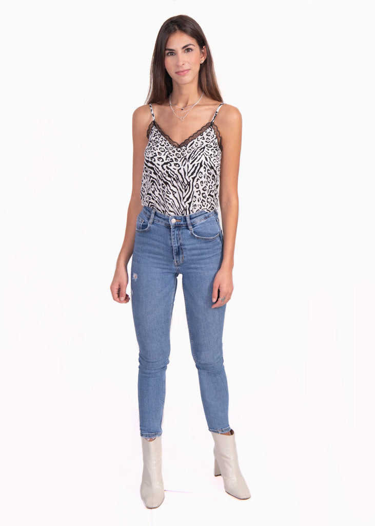 Blusa estampada de leopardo con encaje para mujer - Flashy